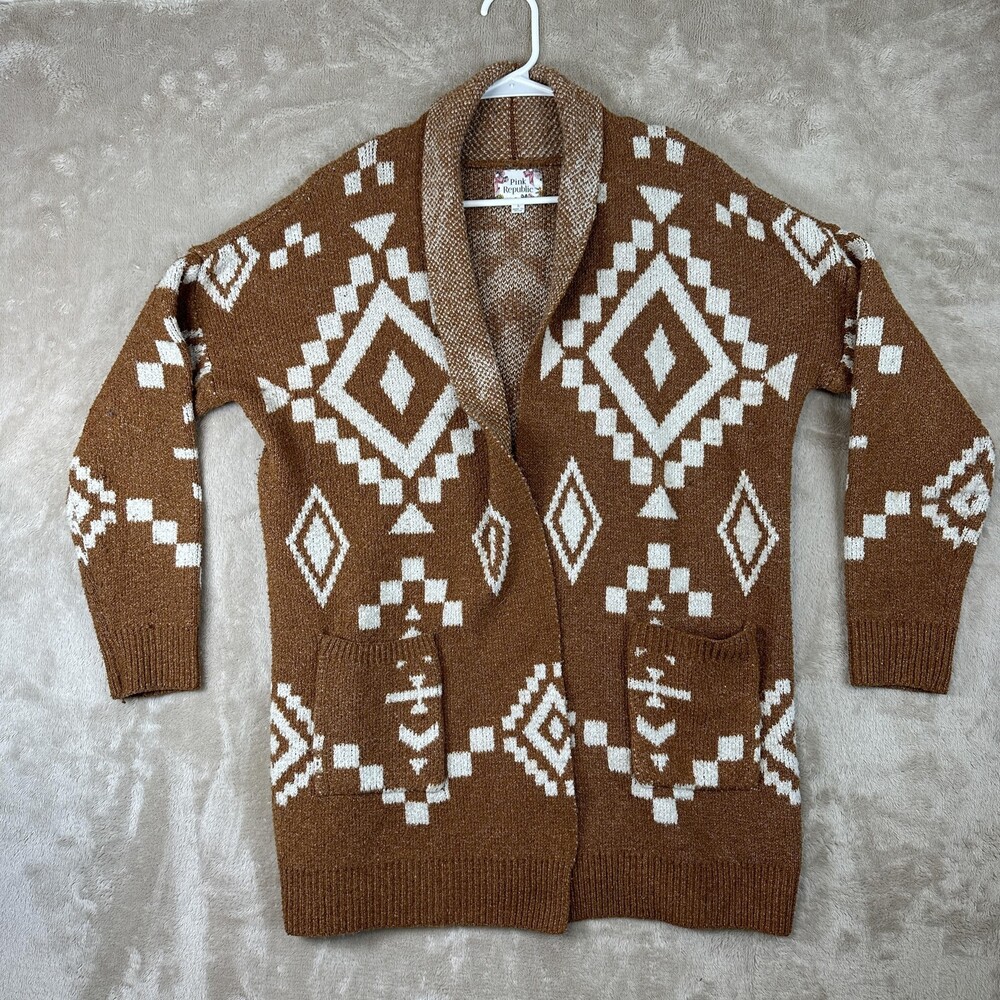 Pink Republic Cardigan Juniors Large Brown Aztec Tribal Knit Open Front Pockets